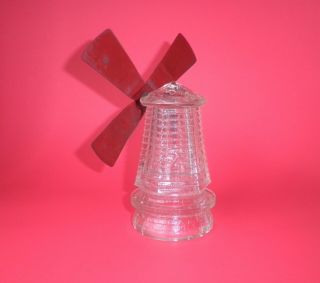 Vintage Clear Glass Windmill Candy Container With Metal Blade