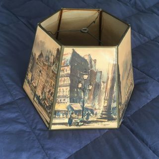 Vintage Lamp Shade Mid - Century Old European Cityscape Hexagon Paper/fabric