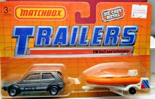 Mip Matchbox Trailers Grey Vw Golf Gti & Orange Inflatable Raft Trailer