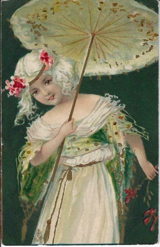1906 Tuck 1752 " Art " Series La Petite Marquise Postcard Girl W/ Parasol