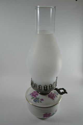 Vintage Oil Kerosene Lamp White Floral Base Pattern Frosted Glass Chimney