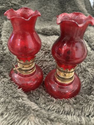 Set If 2 Red Mini Miniature Glass Oil Lamps S104