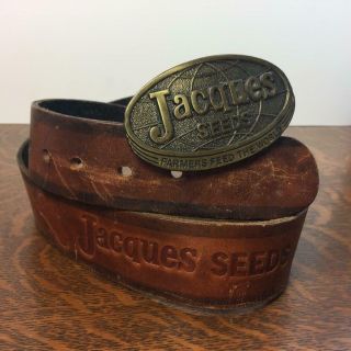 Vintage 1977 Mens 38 " Jacques Seeds Tooled Leather Belt & Brass Belt Buckle