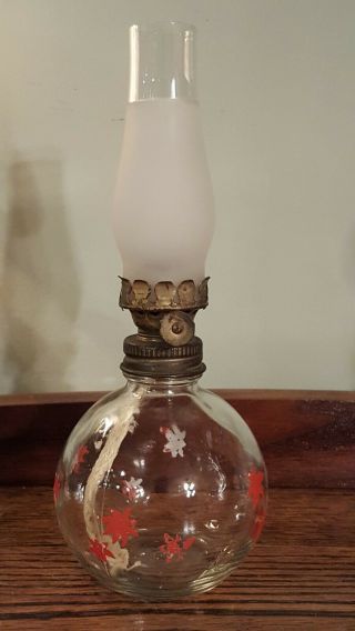 Vintage Miniature Glass Oil Lamp With Red Flowers And Frosted Chimney Shade