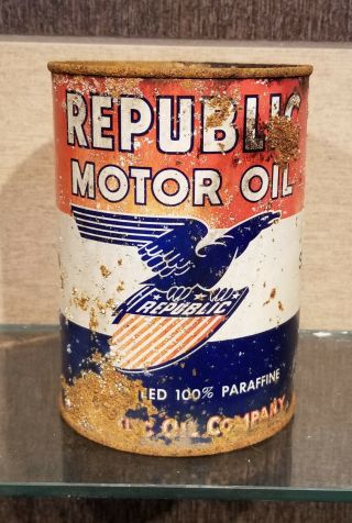 1930s Patriotic Republic 100 Paraffine One Quart Motor Oil Can Eagle & Shield