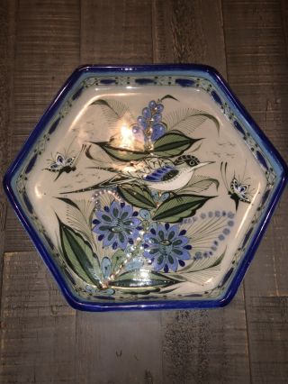 Ken Edwards Ke Mexican Pottery Hexagon Shaped Dish Butterflies,  Flowers,  Bird