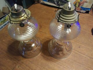 Vintage Pair Early American Glass Oil Lamps 8 1/2 " High