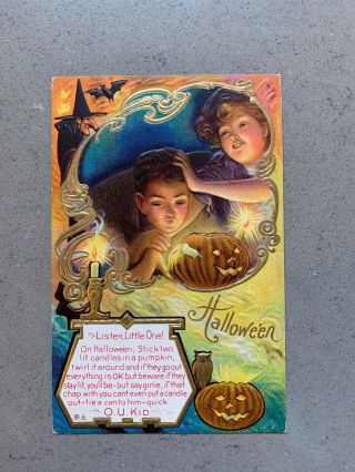 Halloween Vintage Postcard Children Candles In Jol Witch Gold Accents 6