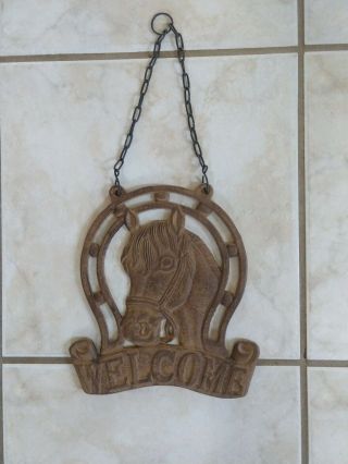 Vintage Cast Iron Horse & Lucky Horseshoe Welcome Sign