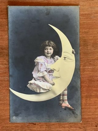 Rppc,  Young Girl Holding Paper Moon Studio Photo,  Ca 1910