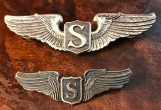 Wwii Sterling Silver Usaf Service Pilot Wings 2 Piece Pin Set 3” & 2” Balfour