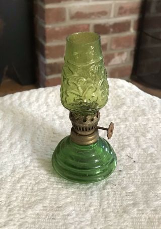 Vintage Miniature Green Glass Oil Lamp 4 1/2 “