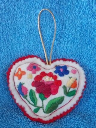 Vintage Handmade Embroidered Heart With Flowers Valentines Christmas Ornament