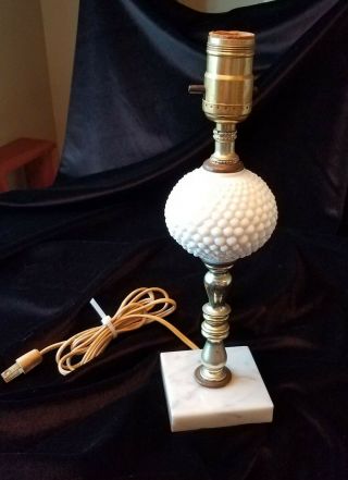 Vintage Hobnail White Milk Glass Lamp With Marble Base,  Bedroom Table Lamp