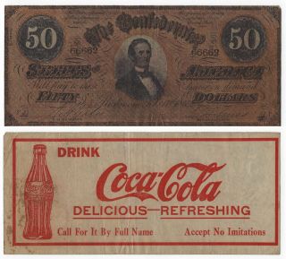 1930s Confederate States Of America $50 W/coca - Cola " Accept No Imitations " Ad