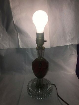 Vintage Mid Century 1950s Red Swirl & Clear Art Deco Glass Electric Table Lamp