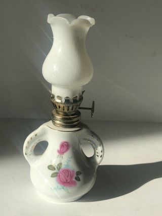 Vintage Miniature Porcelain Oil Lamp With Pink Flowers And Gold Accents (b301)