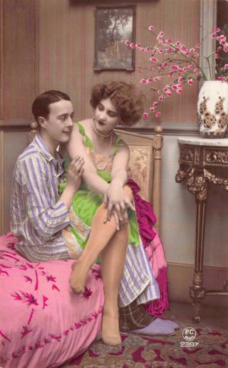 Two Hand Colored Rppcs Risqué Man And Woman Wearing Pajamas In Bedroom 127501