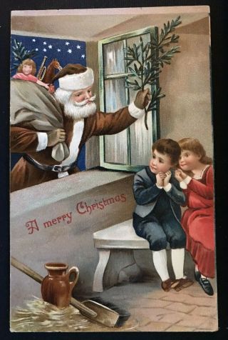 Christmas Brown Robe Santa Claus In Window With Children Toys Postcard - - S735