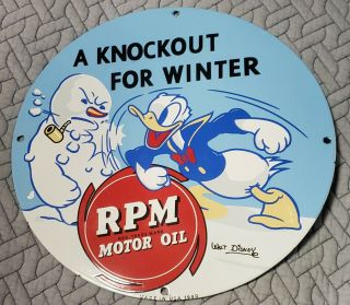 Vintage Porcelain 1940 Rpm Motor Oil Donald Duck Display Sign Walt Disney