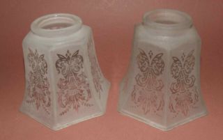 2 Vintage 6 Sided Etched Glass Lamp Shades – Where Fits On Measures 1 7/8” Acros