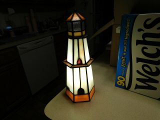 Vintage Tiffany - Style Stained Glass 11 " Lighthouse Accent Table Lamp Light