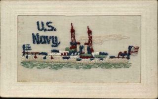 Us Navy,  Great White Fleet Embroidered Silk Wwi Embroidered Silk Postcard Vintage