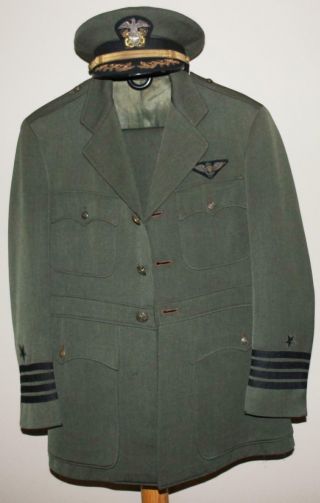 Ww 2 Us Navy Captain Naval Aviator Bullion Wings Aviation Green Uniform & Hat