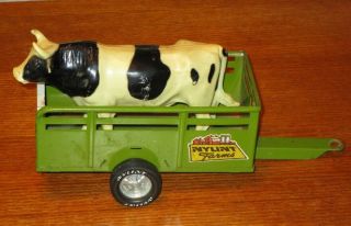Vintage Nylint Farms Green Pressed Steel Trailer With Hitch & Plastic Bull