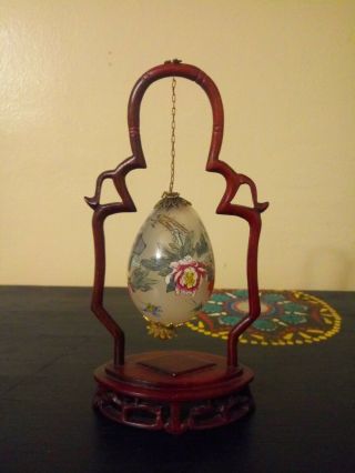 Vintage Asian Chinese Hand Blown Reverse Painted Hanging Glass Egg With Stand