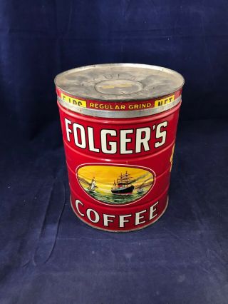 Vintage Large 5 Lb Folgers Golden Gate Brand Early 1931 Coffee Tin Can