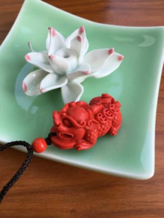 Chinese Natural Red Organic Cinnabar Dragon Necklace Pendant Pixiu Lucky Amulet