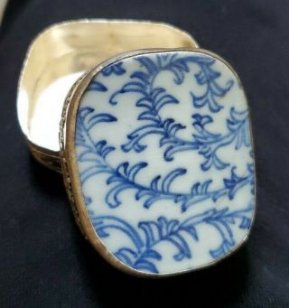 Vintage Chinese Pill Trinket Box Blue White Porcelain And Silver Decorated 2 "