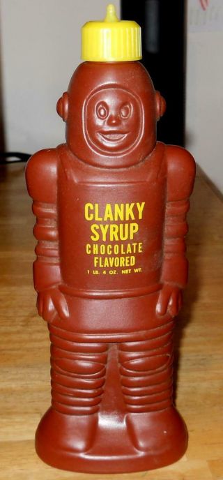 Vintage Robot Clanky Chocolate Flavored Syrup Bottle Empty Tip Intact