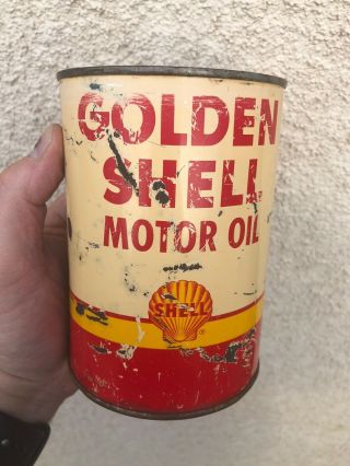Vintage Golden Shell Full Quart Premium Motor Oil Can 10w - 30 Freeship