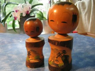 Vintage Wooden Kokeshi Girl Dolls Traditional Scene 3.  5 " And 5.  5 " Signed