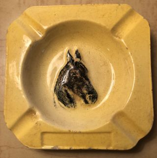 Vintage Hand Crafted Old Ceramic Ash Tray Yellow Crackle Crazed W/ Horse Donkey