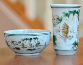 2 Sake Cups Porcelain Guinomi or Small Tea Dish Match Chinese Junk Boat Pattern 2
