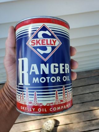 Old Vintage Skelly Ranger Qt Motor Oil Tin Can,  Full And