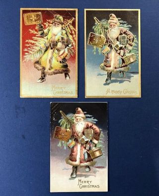 Set 3 Santa Christmas Antique Postcards Burgundy & Green Robed.  W Value