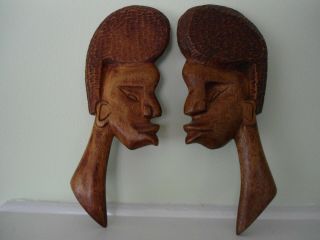 Vintage African Hand Carved Male & Female Profile Heads