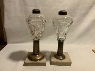2 Early Lead Glass Kerosene Oil Lamps With Brass Stems For Repair Or Restoration