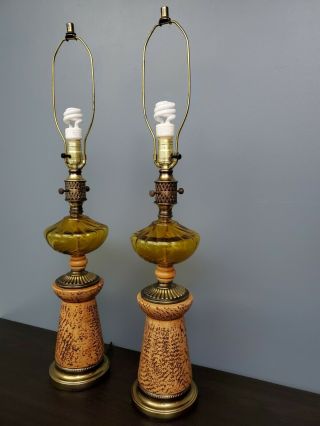 Pair Vintage Table Lamps Mid Century Modern Amber Glass Ceramic Retro