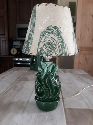Vintage Mcm Form Ceramic Drip Glaze Lamp With Fiberglass Shade