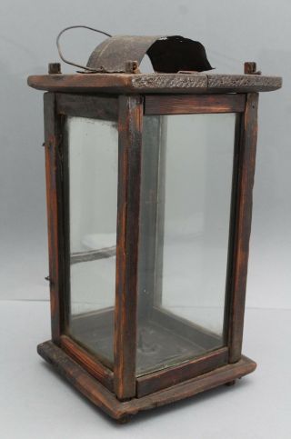 Antique Early 19thc Primitive Handmade Wood Glass & Iron Pricket Candle Lantern