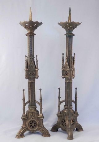 Pair Antique Gothic Revival Brass Candlesticks Holders Church Altar Mantle Vgc