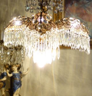 Antique Jeweled Palm Hollywood Regency Lamp Chandelier Vintage Brass Canopy