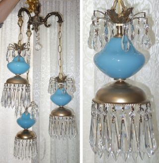 3lt Vintage Aqua Blue Brass Tole Swag Lamp Chandelier Hollywood Regency Hanging
