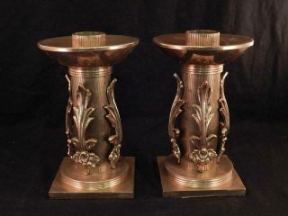 Unusual Pair Antique Victorian Gothic Polished Brass Candlesticks Candle Holders