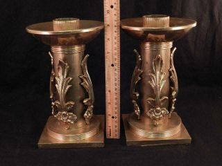 Unusual Pair Antique Victorian Gothic Polished Brass Candlesticks Candle Holders 2